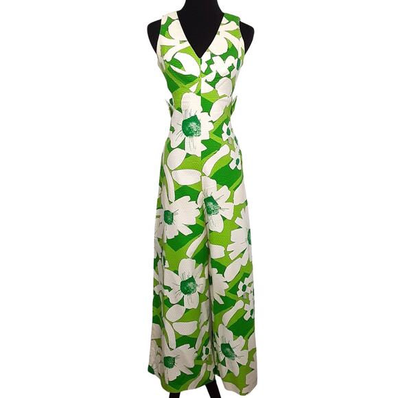 Vintage 1960s Kahala Hawaii Mod Floral Wide Leg Jumpsuit Lime Green Psychedelic - Picture 1 of 16